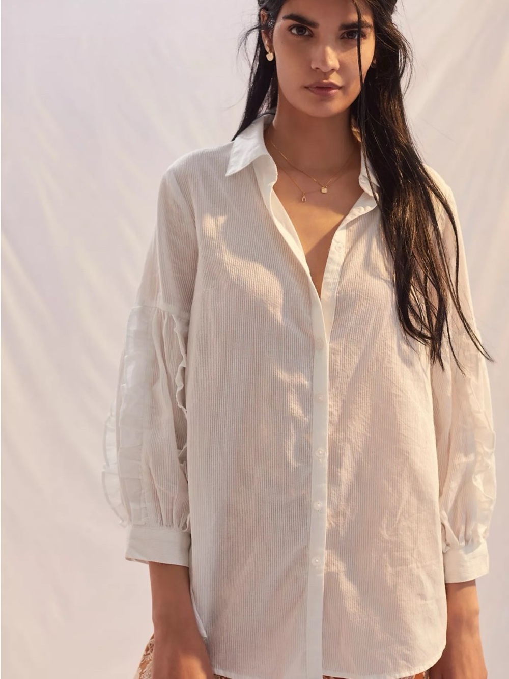 Maeve Anthropologie Ruffled Tunic Buttondown White Long Sleeve Sz L